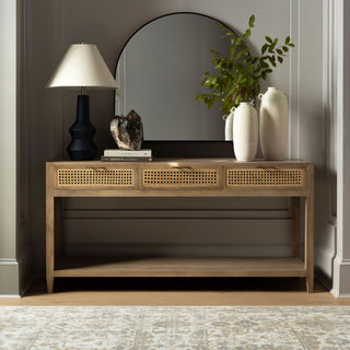 Rustic wooden console table with a distressed finish and two storage drawers